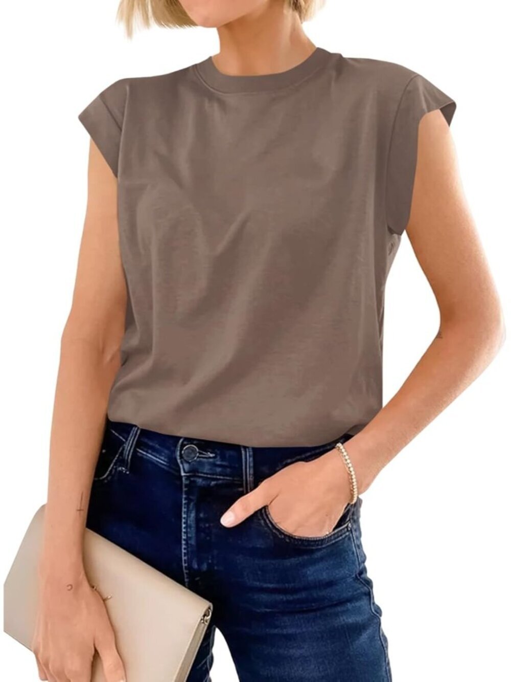 Womens Brown Short Sleeve Crew Neck Basic Tee Loose Fit Cotton T Shirts